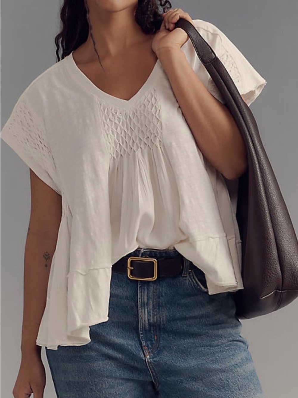 Anthropologie Cream Smocked V-Neck Peasant Tunic